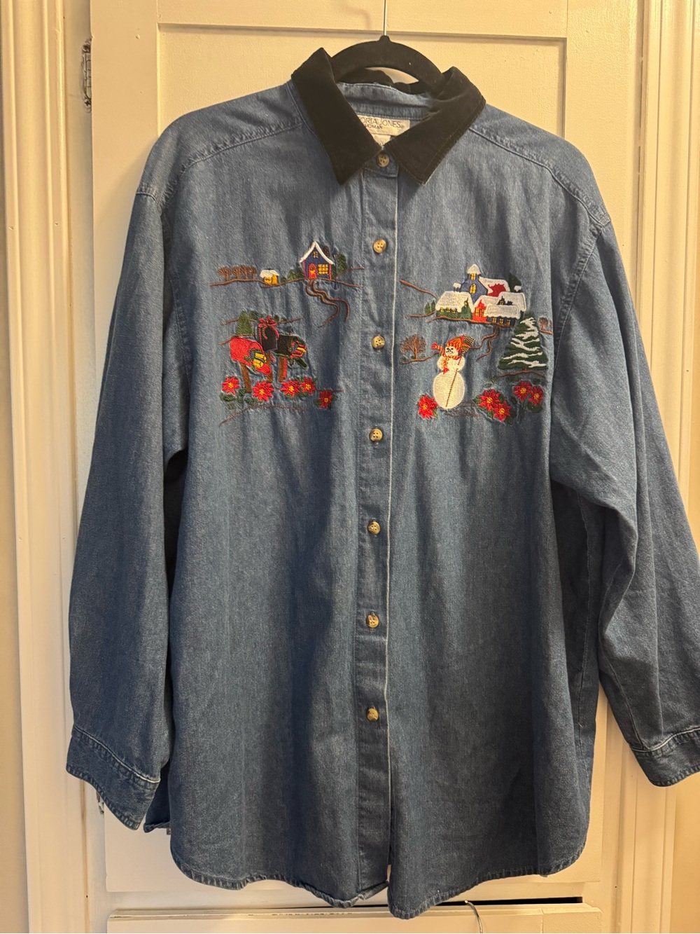 Vintage Victoria Jones Christmas Denim Shirt 20W Embroidered Snowman Village